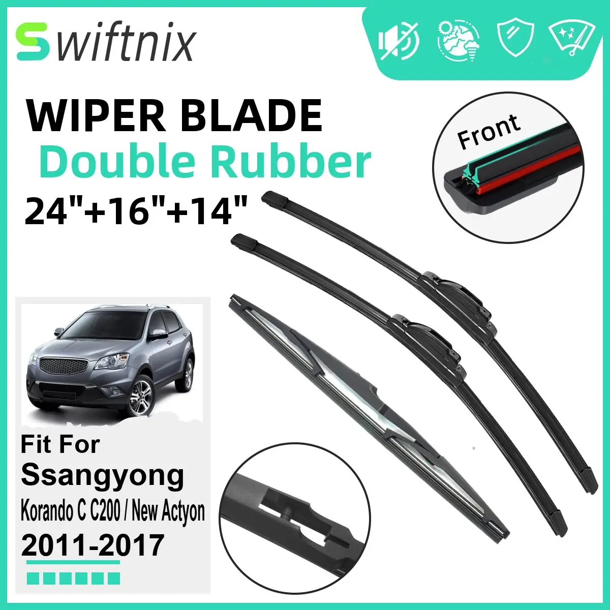 

Double Rubber Car Wiper Blades for Ssangyong Korando C C200 / New Actyon 2011-2017 Windshield Wipers Rubber Car Accessories