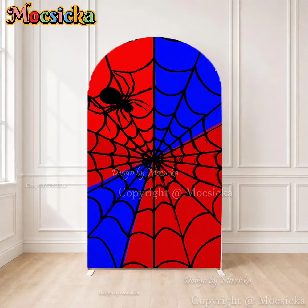 Mocsicka Custom 2-Sided Arch Cover Backdrop Red Blue Spider Web Superhero Boys Birthday Background Kids Cake Smash Photo Studio
