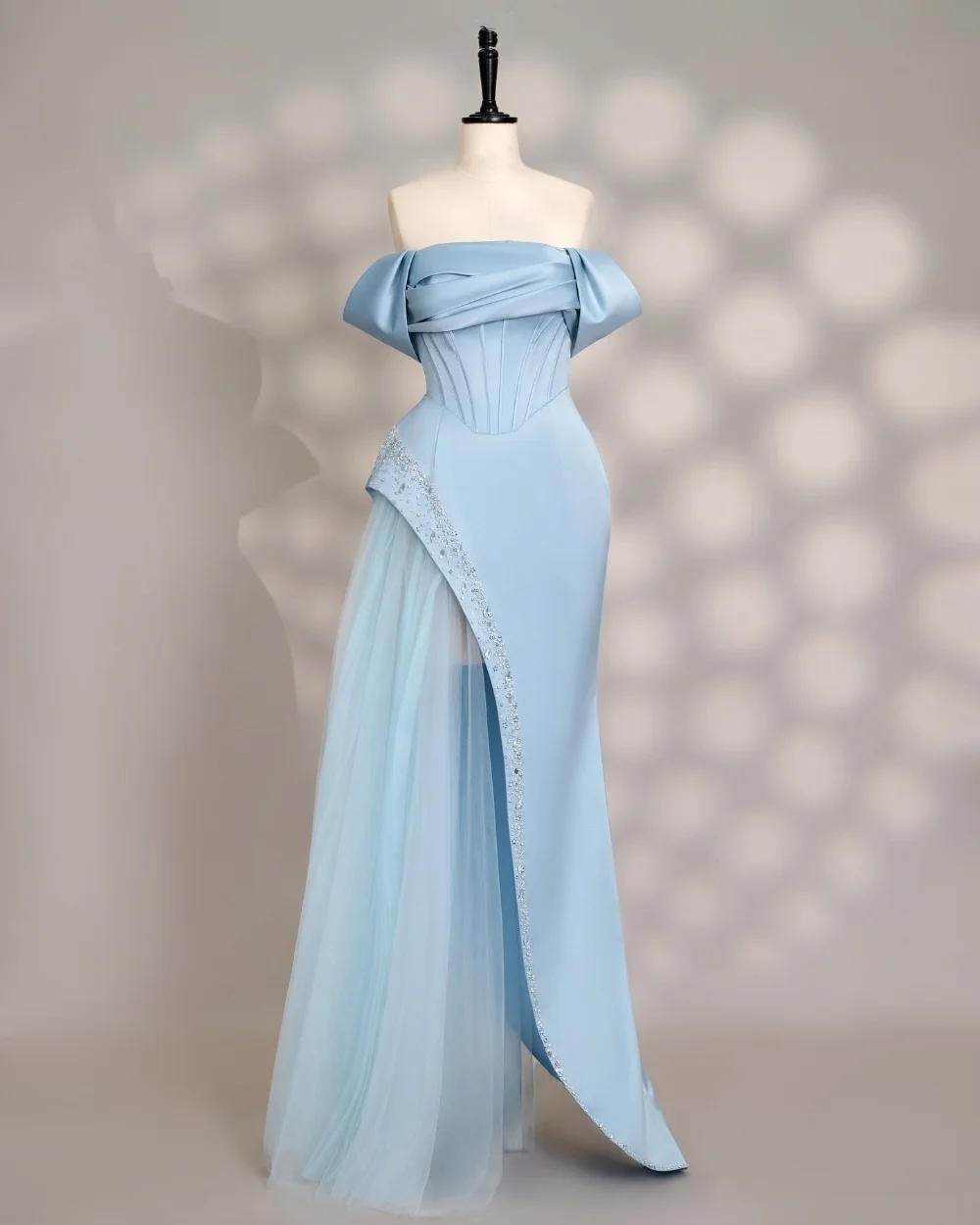 

Customized Intricate Retro Sky Blue Beading Sequined Rhinestone Mermaid Off-the-shoulder Long Dresses Evening Dresses Fashion