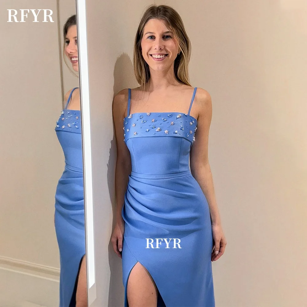 

RFYR Straight Prom Dresses Beaded Party Dress Side Slit Satin Evening Dress Crystals Celebrity Dress for Arabic Women Customized