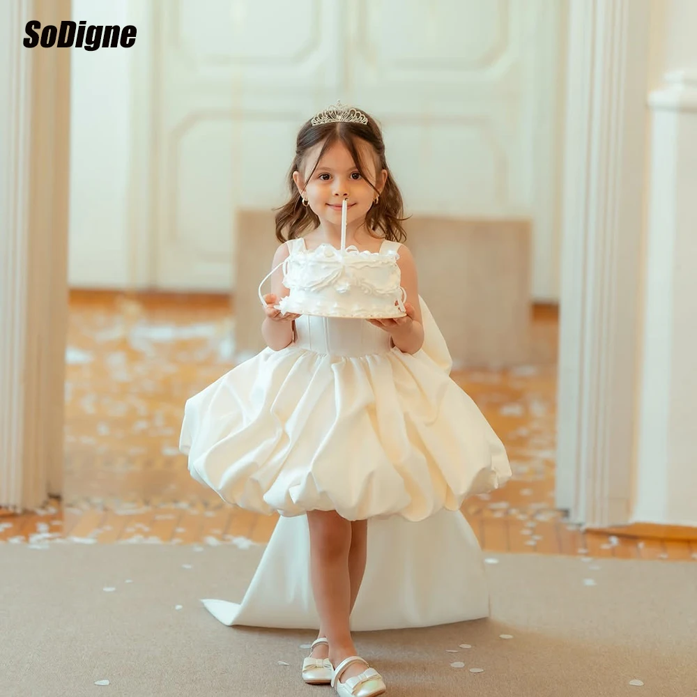 Атласное короткое платье SoDigne А-силуэта для девочек, без рукавов, с квадратным вырезом, юбка для девочек, праздничные платья с бантом, детское платье на заказ