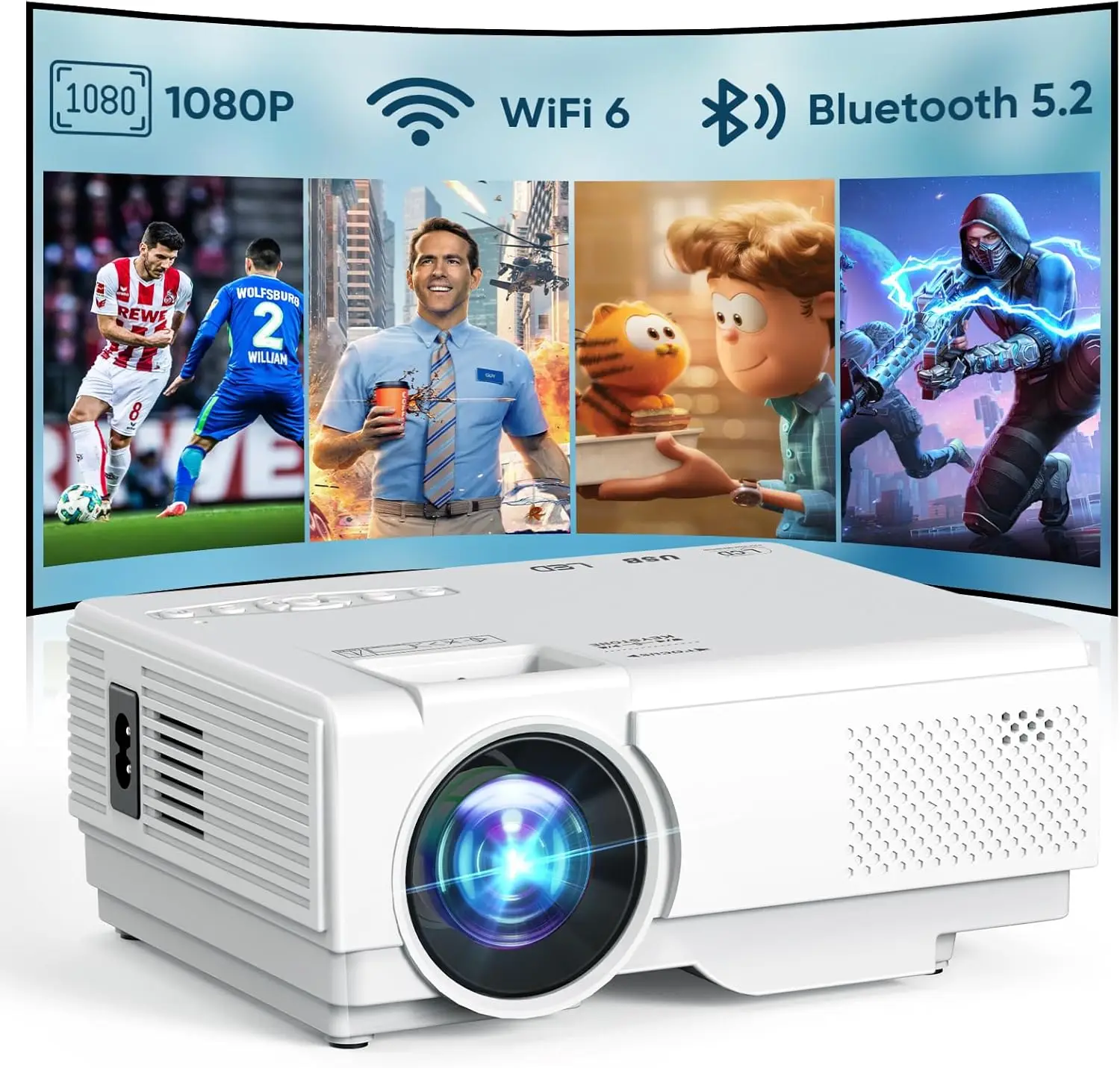 

WiFi & Bluetooth Projector, 1080P Support, Mini Outdoor Movie Projector for Home Entertainment