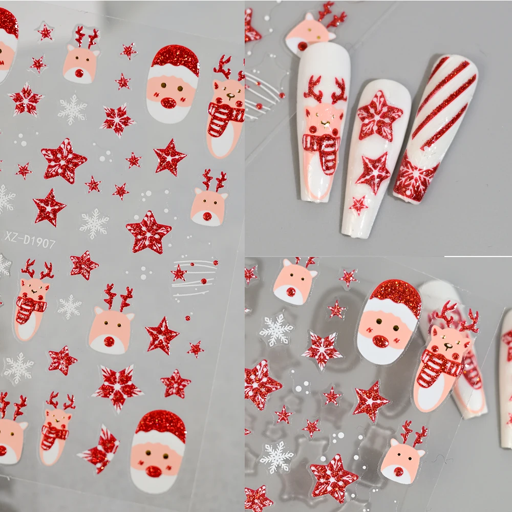 12Pcs 5D Red Glitter Christmas Nail Stickers Santa Claus,Snowman,Snowflake,Elk Adhesive Nail Decals Winter Xmas Manicure Sliders