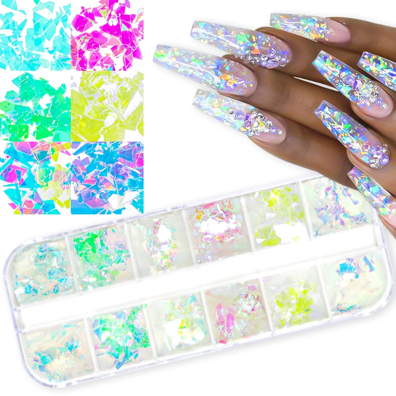 12 Grids Irregular AB Mermaid Nail Sequins Iridescent White Flakes Maple Snow Butterfly Heart Pailliette Glitter For Nails Tools