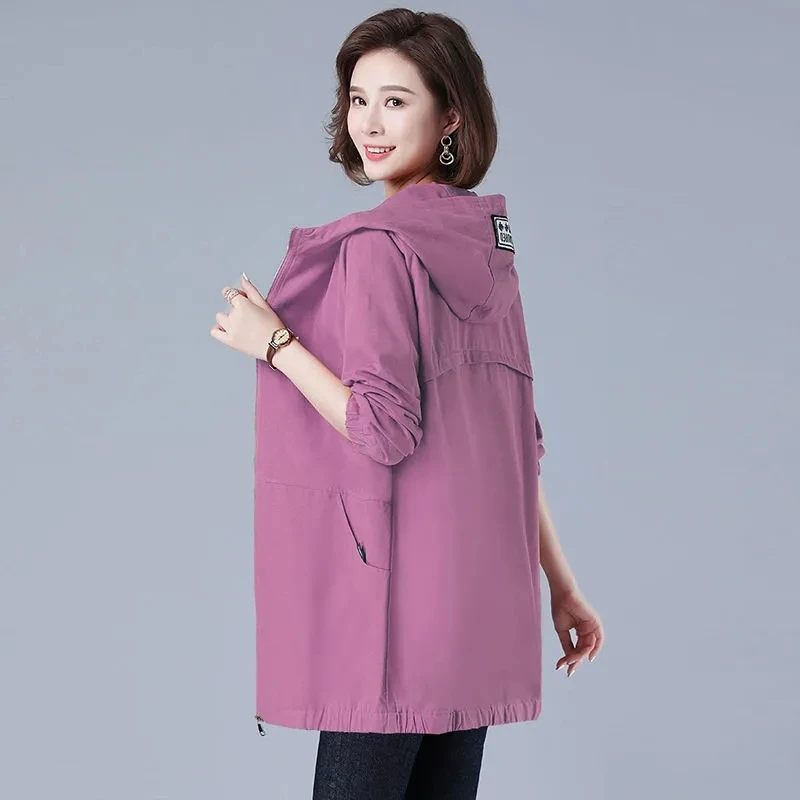 Women’s Jacket Long Coat 2023 New Autumn Casual Windbreaker Famale Hooded Pocket Zipper Overcoat Loose Outerwear L-6XL