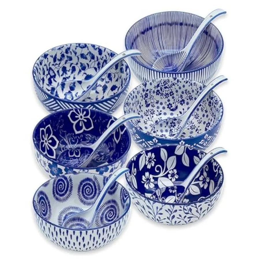 

Japanese Ceramic Bowls Set of 6 28 Oz Large Asian Porcelain Ramen Soup Salad Cereal Noodle Bowl with 6 Spoons Deep Bowl for Kit