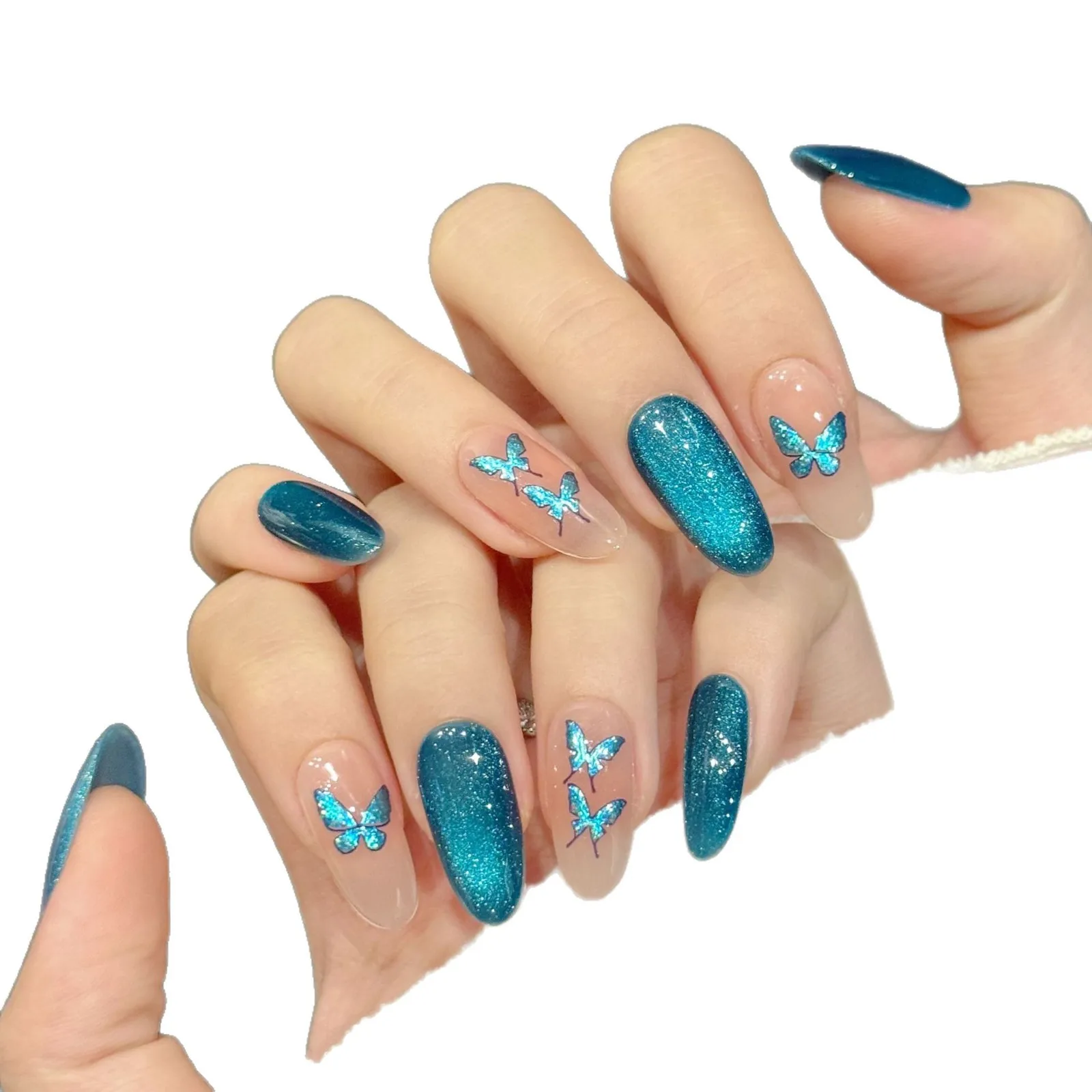 10 قطعة أظافر لامعة زرقاء بيضاوية قصيرة مصنوعة يدويًا مع تصميم فراشة أظافر باردة على طراز خرافي يمكن ارتداؤها مع لاصق أداة 4 قطع #4