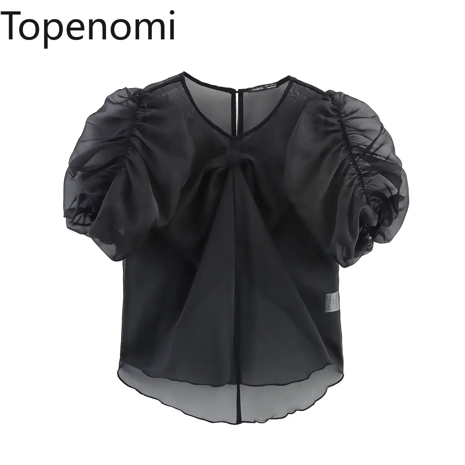 

Topenomi Black Folds Puff Sleeve Blouse Women 2025 Summer Round Neck Bow Decoration Crop Top Elegant Fashion Versatile Shirts