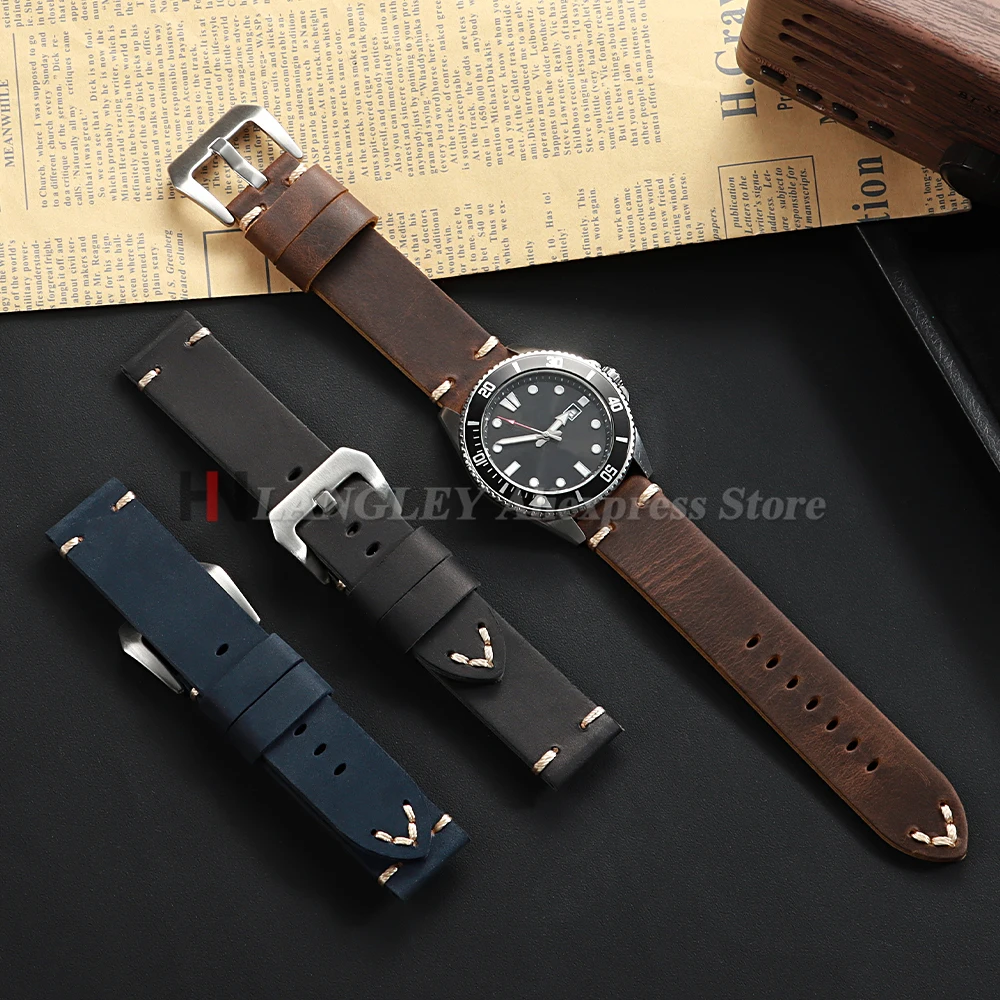 18mm 20mm 22mm 24mm 26mm Cowhide Crazy Horse Leather Watch Strap for Panerai PAM111 441 Watch Handmade Stitching Men's Bracelets
