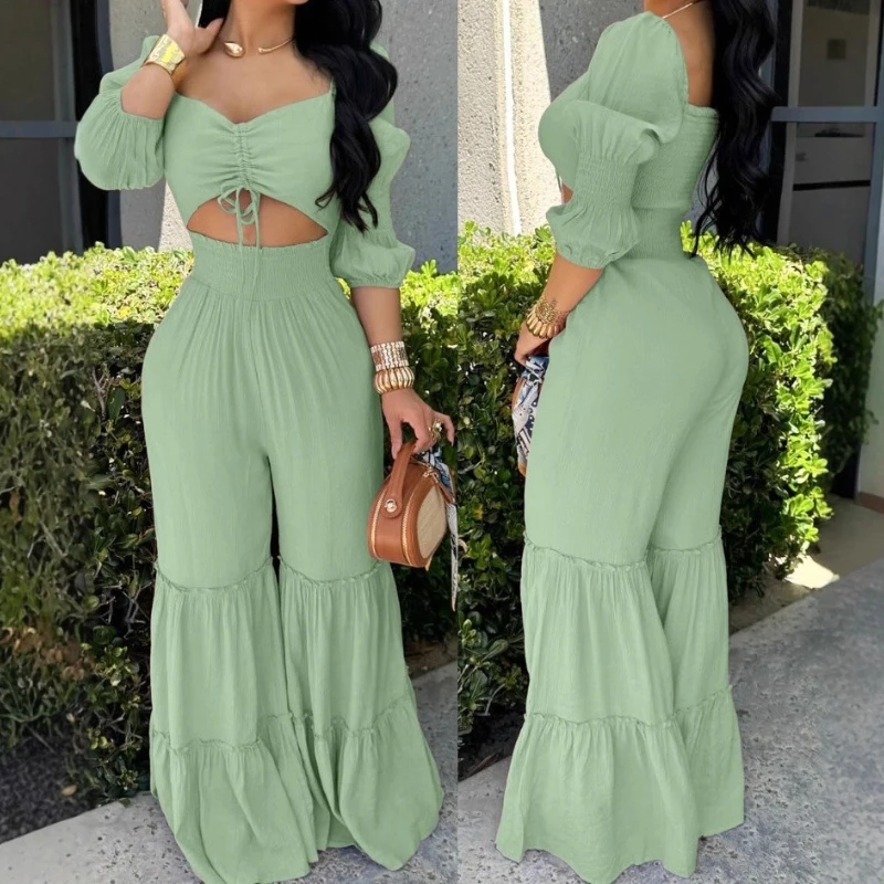 

Women's Jumpsuits High Waist Solid One Piece Pants Summer Female Fashion Square Neck Long Sleeve Drawstring Shirred Long Rompers
