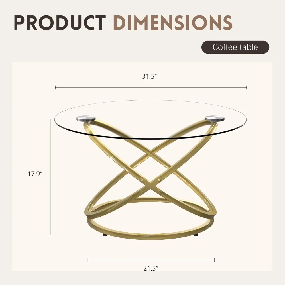 31 Glass Coffee Table, Modern End Table with Ring Gold Metal Frame, Round Glass Coffee Table for Decoration, Small Gold Coffee T