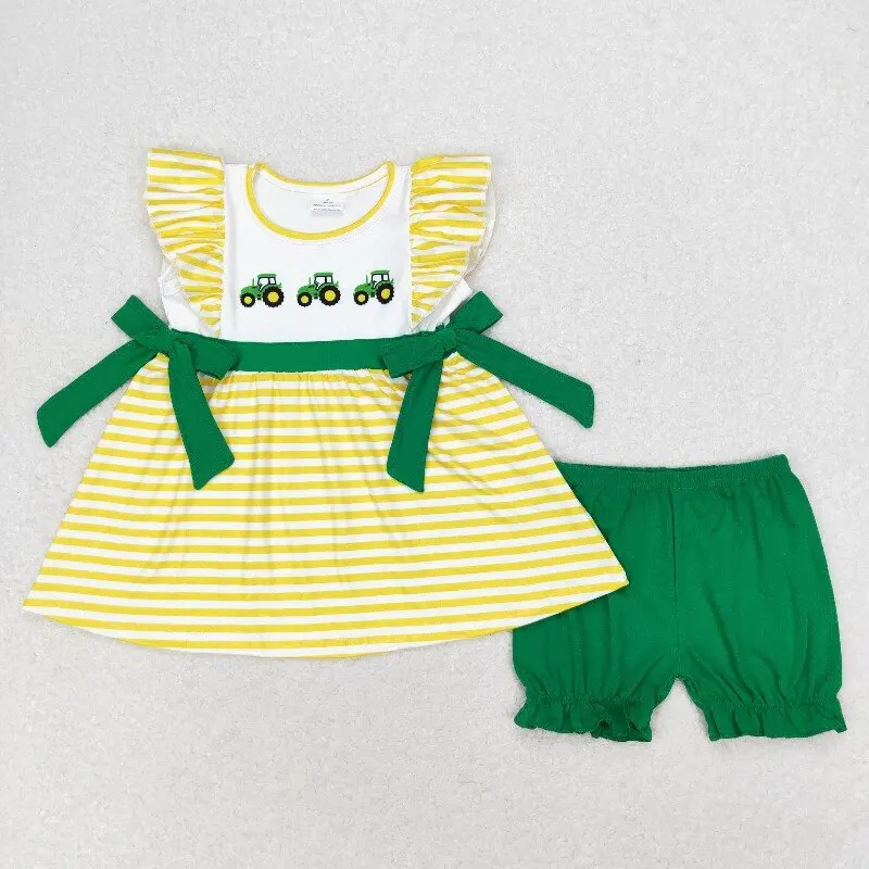 

New rts baby Girls Summer Suit Wholesale Boutique Embroidery Farm Tractor Print Yellow Stripe Flying Sleeve Shorts Suit