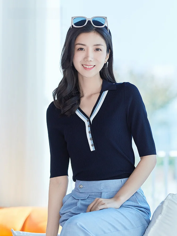 

Удобный полосатый трикотажный джемпер с воротником и цветовыми блоками, универсальный, для повседневной носки, женская мода, весна