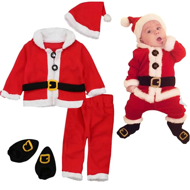 Cosplay Set Christmas Santa Claus Plush Outfit Newborn Clothing Sets Baby  Winter Fleece Tops+Pants+Hats+Socks Children Clothes