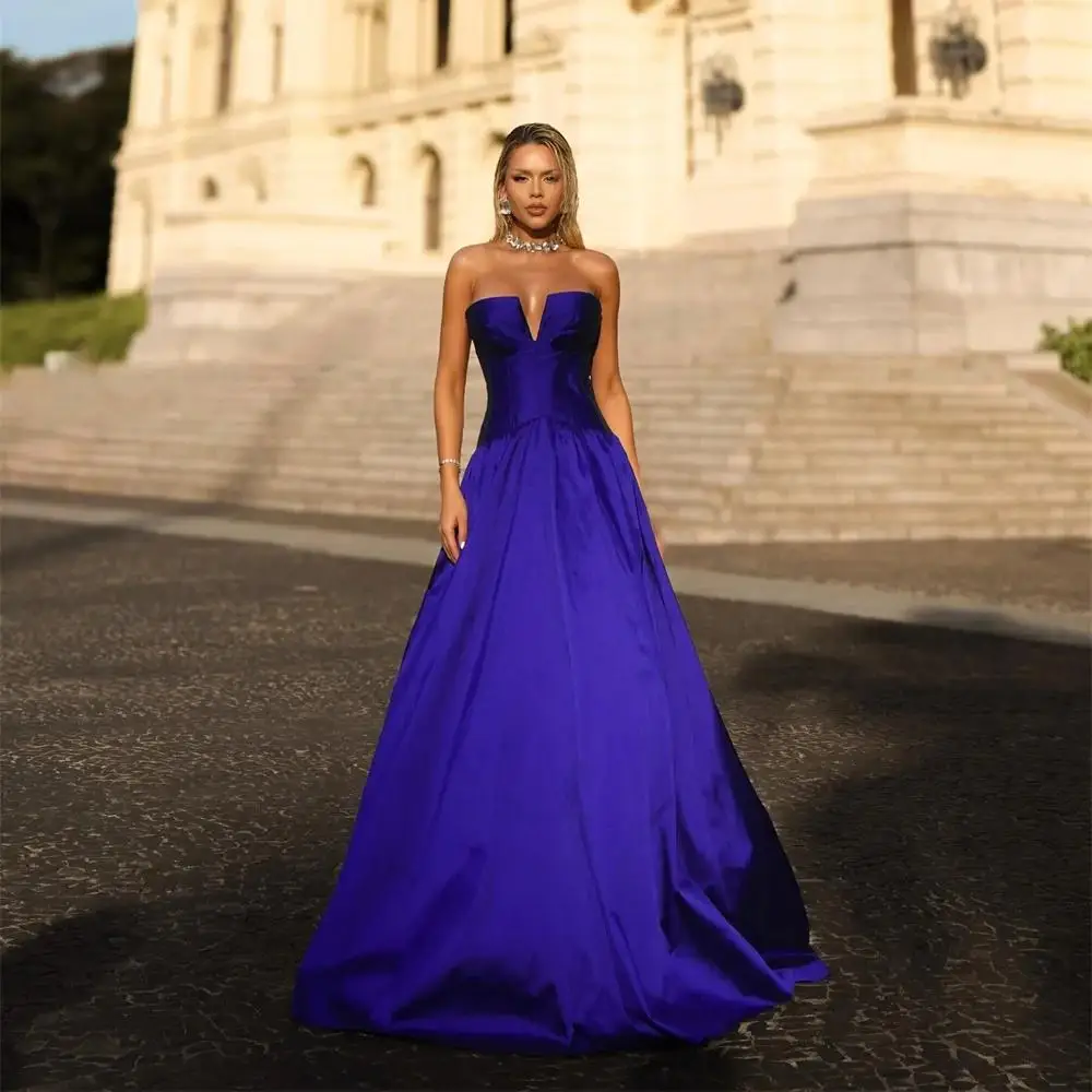 

Customized Gemstone Blue V Neck Slim Prom Dress Simple Sleeveless A-line Vestidos De Noche Floor-Length Evening Dresses