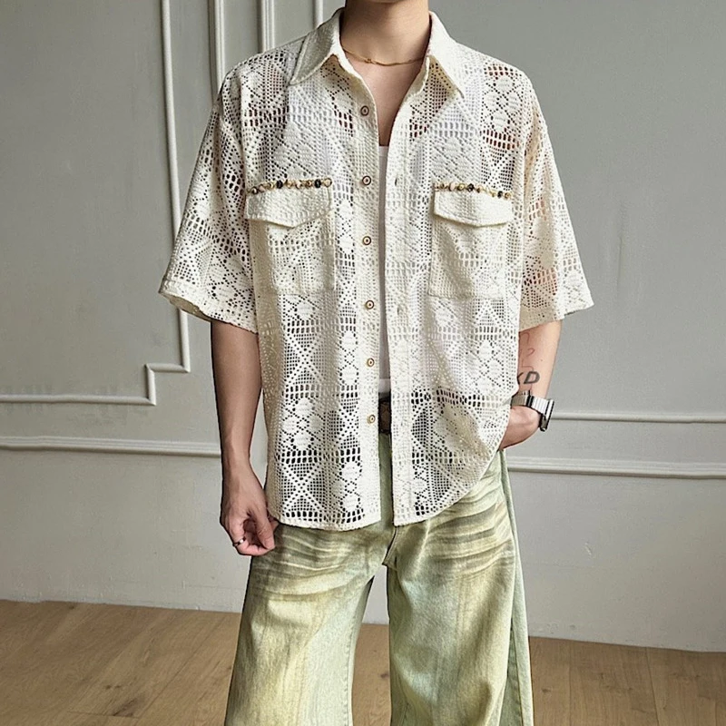 LUZHEN 2026 Summer Trendy Mesh Hollow Out Pattern Lapel Short Sleeve Shirts Men's Handsome High Quality Loose Casual Tops JY6788
