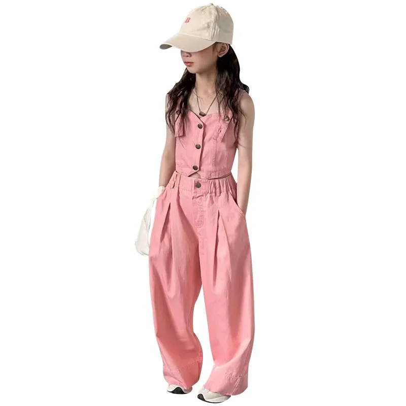 Conjunto de roupas para adolescentes, conjunto de 2 peças, colete tops + calças perna larga, terno de verão para crianças