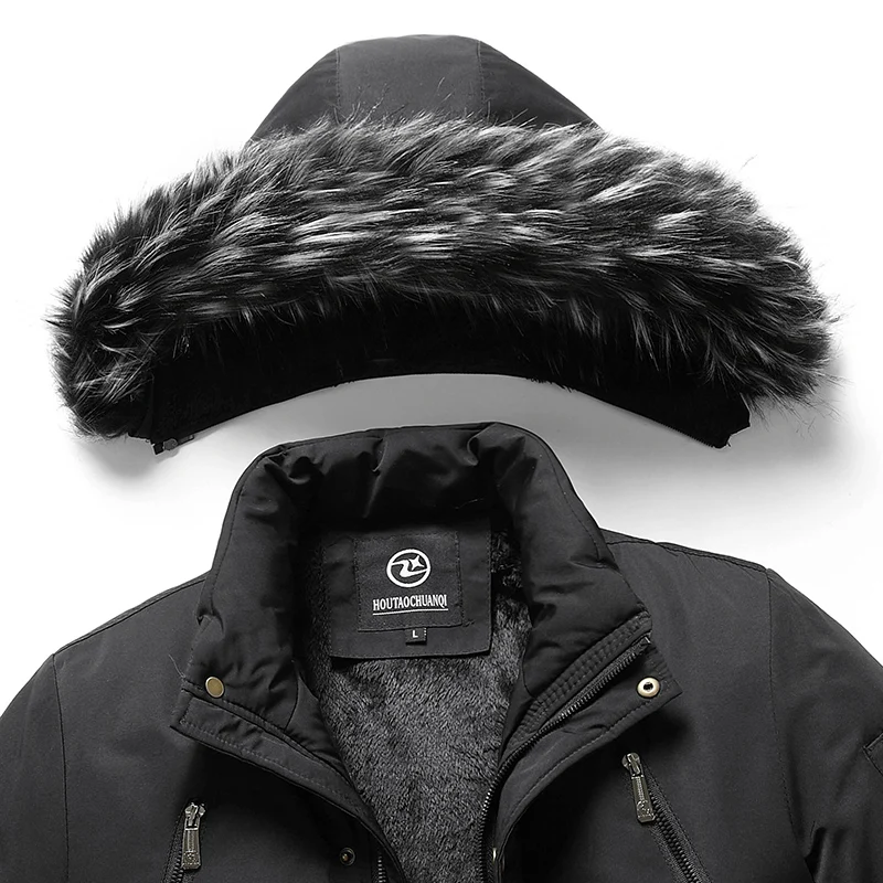 Nieuwe Winter Fleece Mannen Parkas Jas Lange Capuchon Bontkraag Winddichte Jassen Dikke Warme Katoenen Jas Heren Jassen Windjack Parka