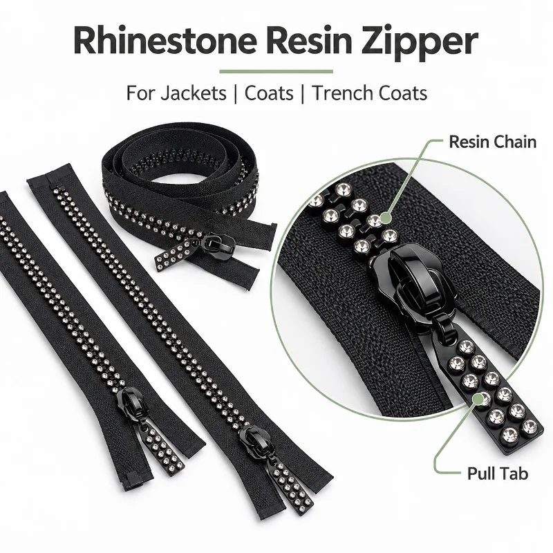 1/2Pcs 10# 60/70/80cm Resin Open End Zipper Jacket Placket Closure Coat Front Zip Windbreaker Rhinestone Zips Sewing Accessories