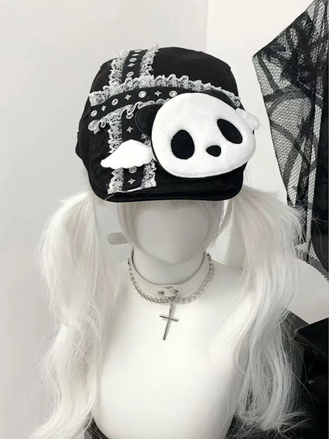Lolita Girl Harajuku Gothic Punk Subculture Lace Beret Black/White Panda Hat Summer Shade Y2K Sweet Cool Cap