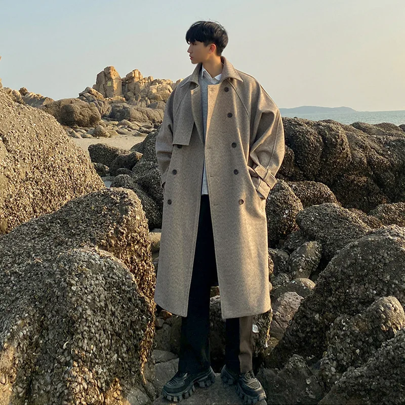 Korean Version Woolen Coat Men's Medium Length Trend Handsome Cape Coat Autumn and Winter Thickened Woolen Trench Coat Ins