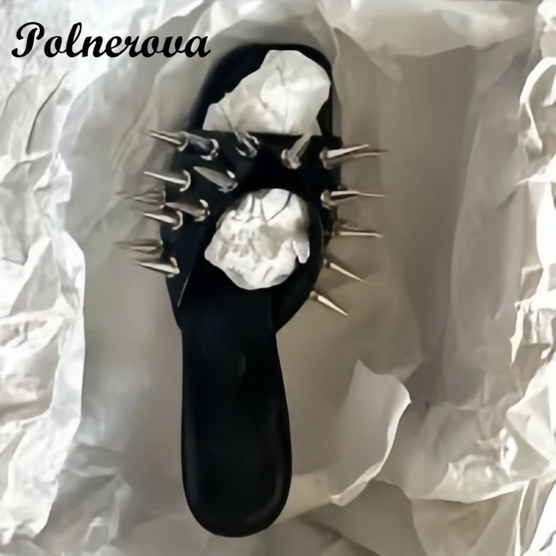 

Metal Rivets High Heel Mules Slip On Slippers Designer Style Sexy Party Heels Handmade Women Shoes Zapatos Para Mujere
