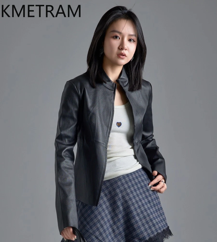 KMETRAM 천연 양가죽 진짜 가죽 재킷 가을 블랙 신상 아우터웨어 2025 여성용 숏 코트