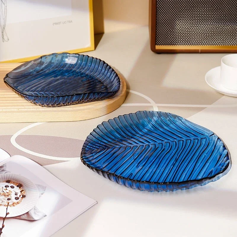 Glass Fruit Plate Desktop Storage Container Leaf Pattern Snack Plate Storage Tray Candy Tray Jewelry Dish Trinket Dish