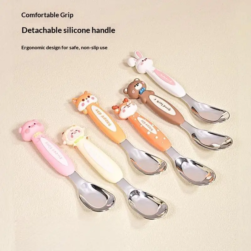 5 Pack Stainless Steel Baby Spoons Cartoon Animal Grip Handle Anti-choke for Toddler Self Feeding First Stage