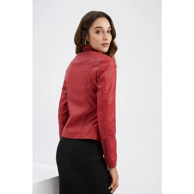 النساء السترات الجلدية ضئيلة رقيقة معاطف الربيع الخريف حجم كبير بلايز الوقوف طوق بولي Clothing الملابس طويلة الأكمام الأسود سستة التنقل