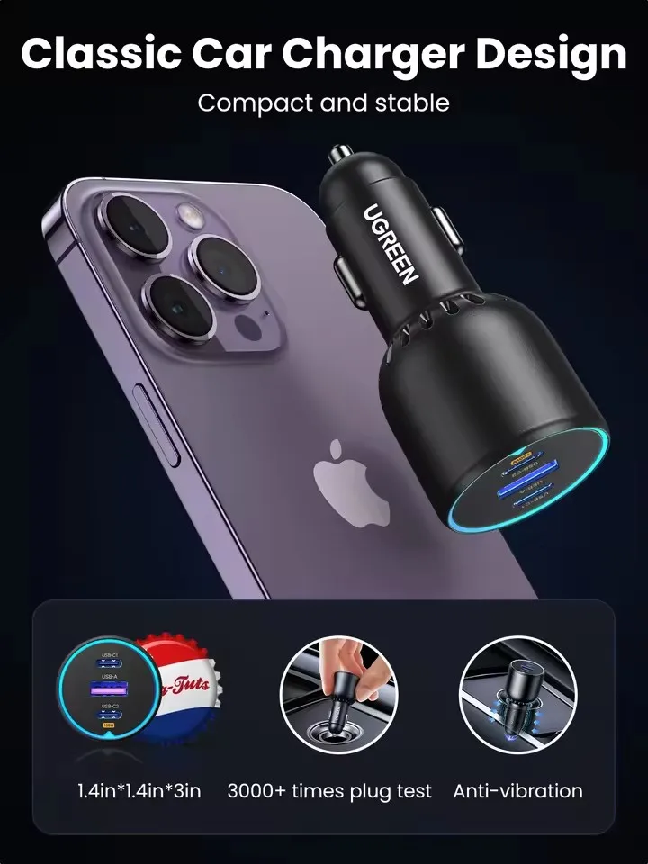 130W UGREEN USB C Fast Car Charger with PD Cable for for   iPhone 17 Samsung Galaxy S25 Laptops Fast USB C Car Charger QC4