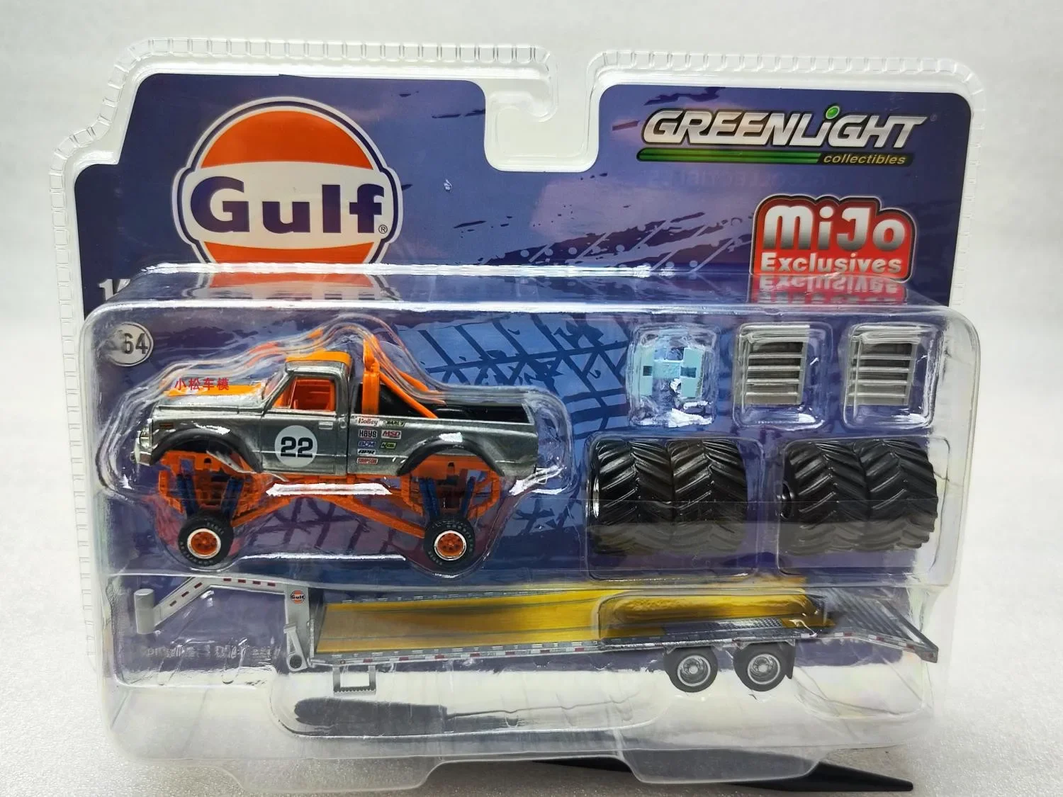 

1: 64 1972 K-10 Monster Truck with Gooseneck Trailer and Tire Bay Gulf Clearcoat Collection of car models