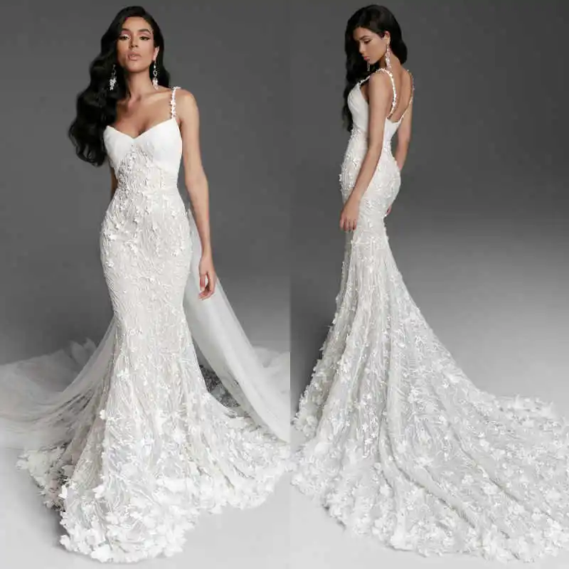 ชุดแต่งงานทรงเมอร์เมดสุดหรู ประดับดอกไม้เต็มตัว ชุดเจ้าสาวยาวกรอมพื้น  สามารถสั่งตัดได้