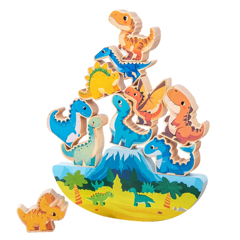 Wooden large particle dinosaur building blocks, children's stacking game, educational parent-child interactive toys