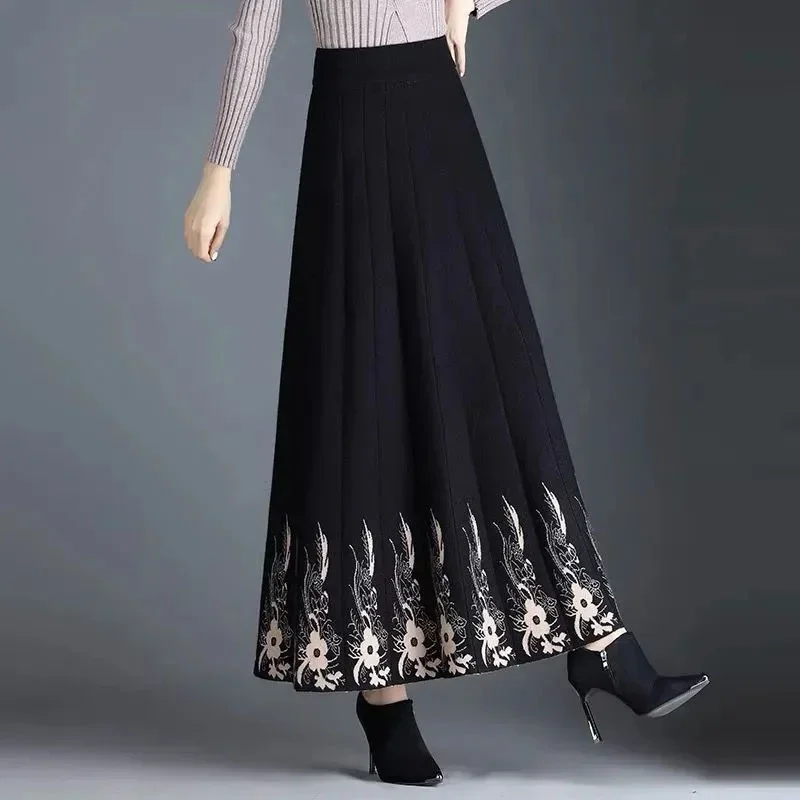 

Plus Size Pleated Long Skirts for Women Fall Winter Elastic A-line High Waist Kintted Umbrella Skirt Simple Warm Skirts P616