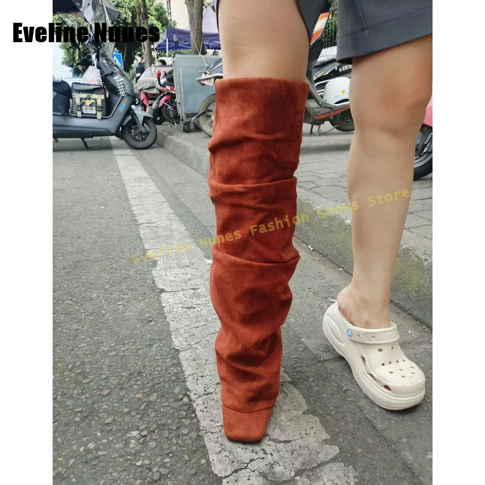 Faux Suède Geplooide Broeklaarzen Vierkante Neus Stiletto Trek Op Pittig Meisje Street Style Over De Knie Laarzen 2025, Mode Schoenen Nieuw