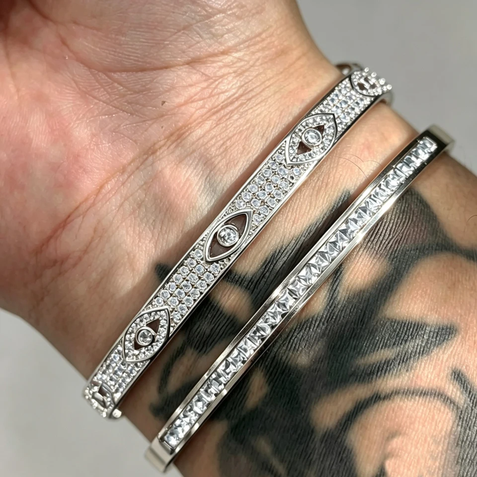 Yupsk 2pcs/set Shining Zirconia Copper Stainless Steel Bracelet Set for Women Men Fashion Trendy Bangles Jewelry Gift