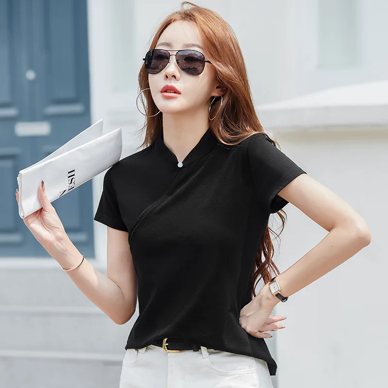 #0415 Black Red Yellow Vintage T Shirt Stand Collar Hollow Out Slim Fit Cotton 95% Womens Tee Shirts Short Sleeve Chinese Style