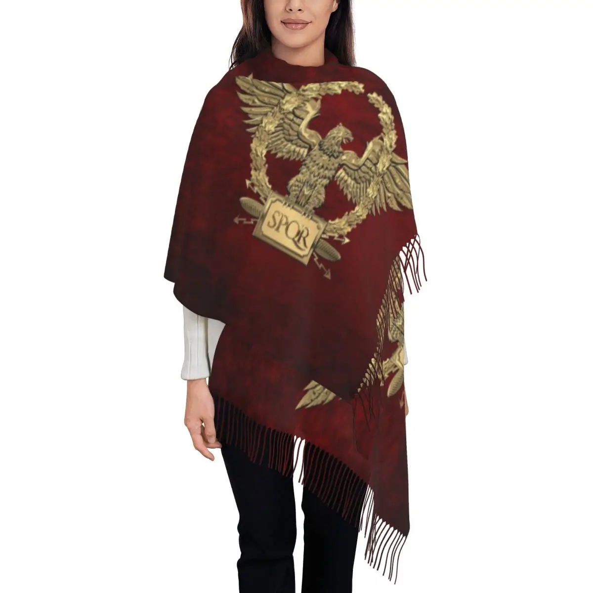 

Ladies Large Gold Roman Imperial Eagle Scarves Women Winter Fall Soft Warm Tassel Shawl Wraps Military Rome SPQR Scarf