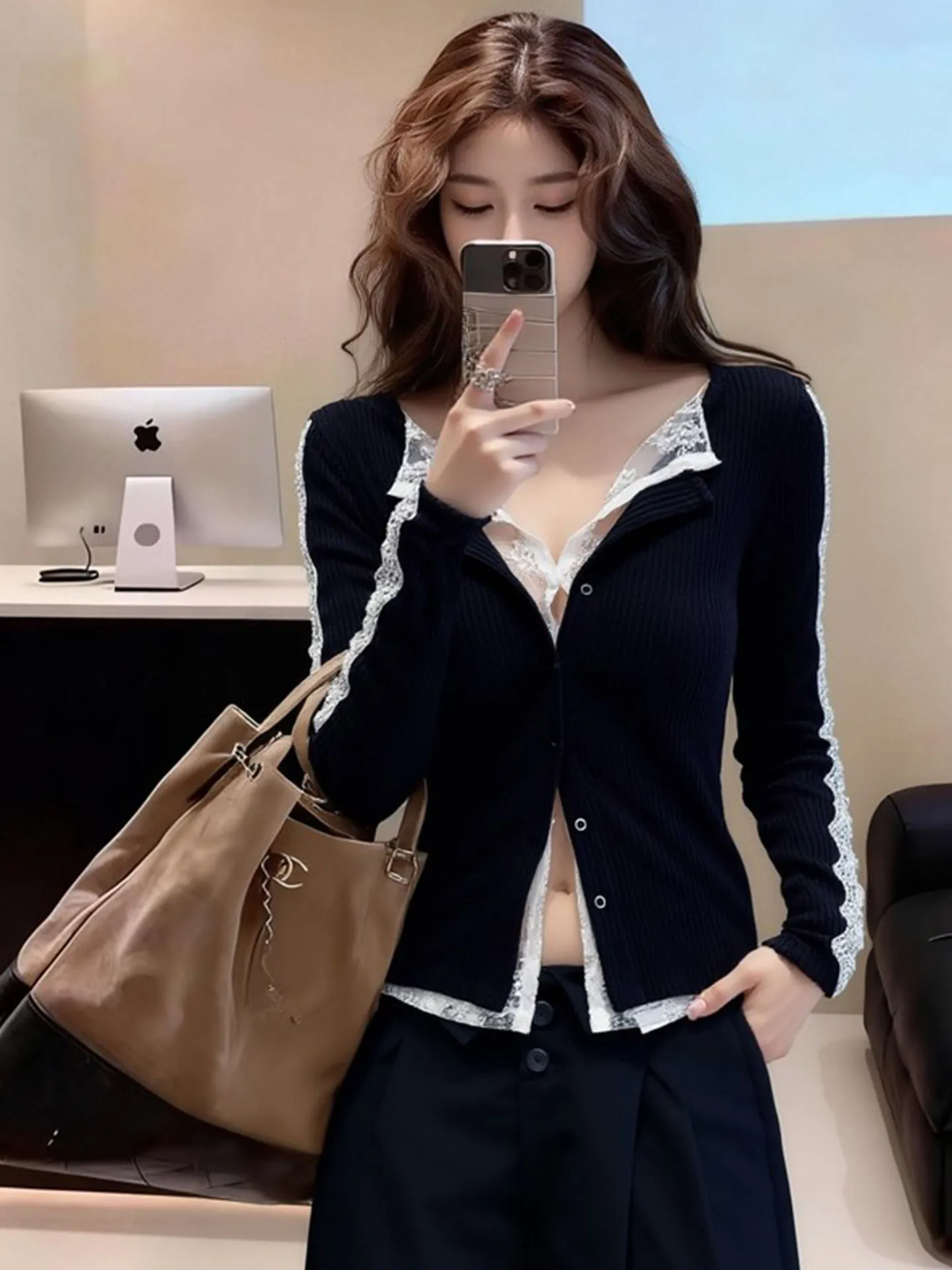 

Ele Bla Lace Splice Slim Fit Long Sve Knitted Top Women's Faion Spring New Sle Comfortable Breathable Casual Wear
