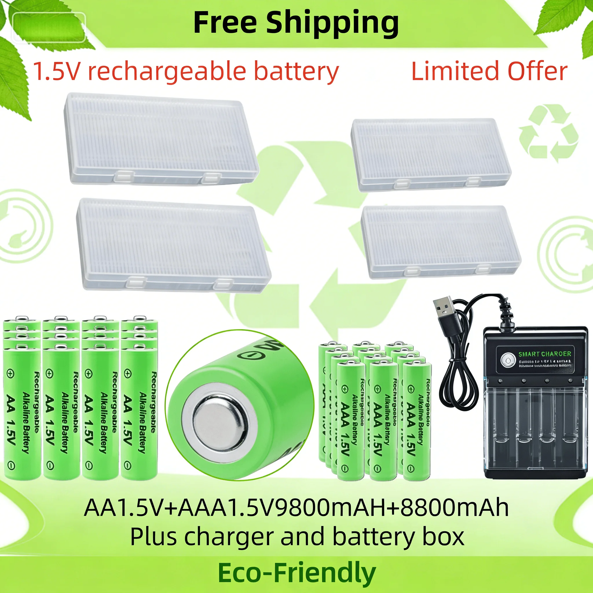Original Rechargeable Battery Charger Set: 1.5V AA 9800mAh & AAA 8800mAh for Computer, Clock, Radio, Video Game, Digital Camera