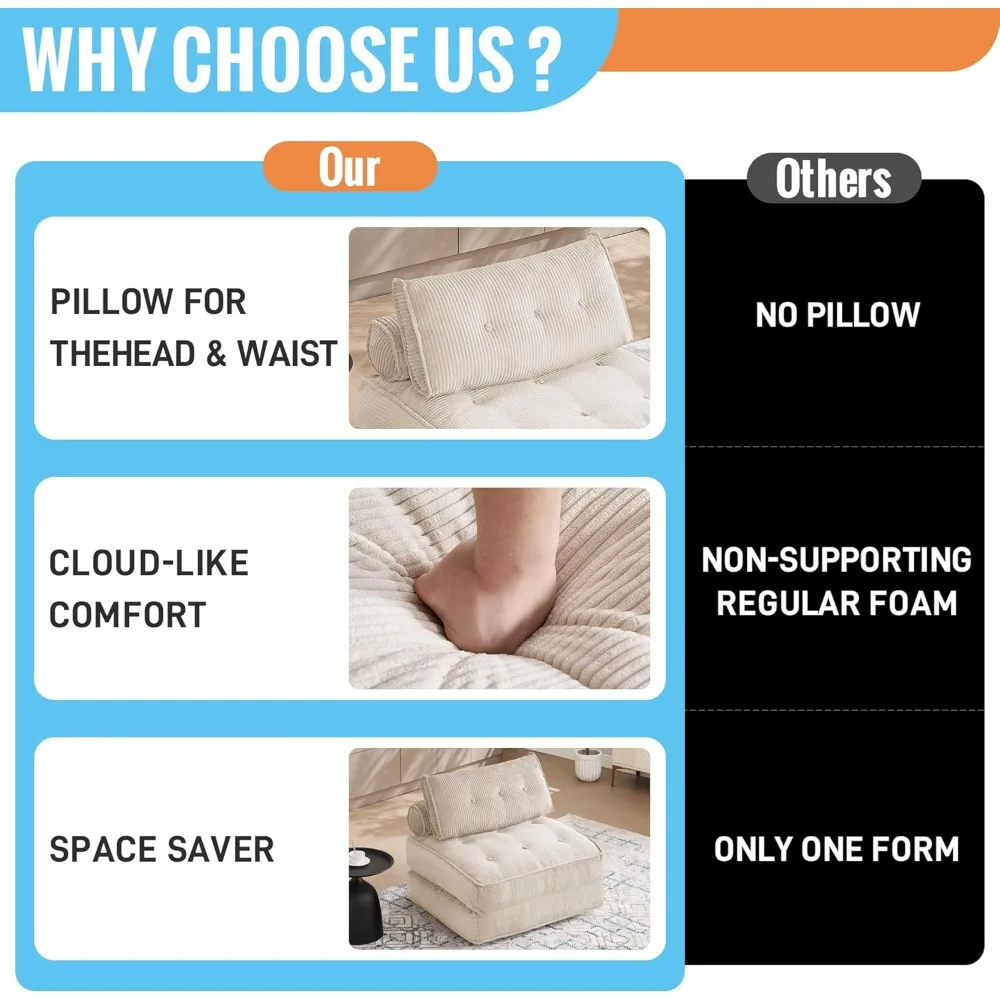 كرسي نوم قابل للتحويل مع وسادة لأريكة فوتون بدون عظم مع دعم خلفي وأريكة مدمجة لراحة غرفة المعيشة #3