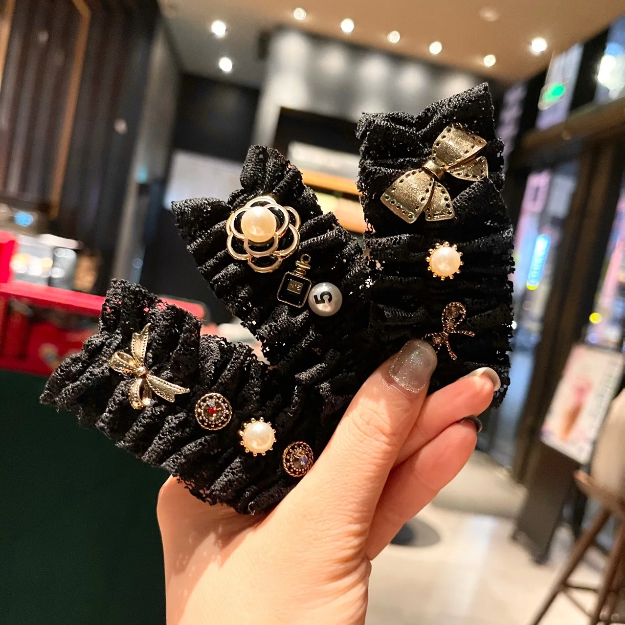 luxury hairpin big brand Korea\'s luxury jewelry Camellia Hair accessories with rhinestone Bow Hair Clip Lace BB Clip Side Clip