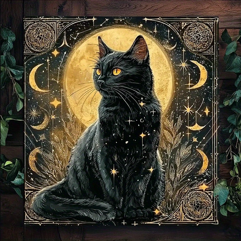 1pc Mystical Black Cat Tarot Card Tablecloth -Moonlit Night Design with Stars & Crescent Moon, Ideal for Divination