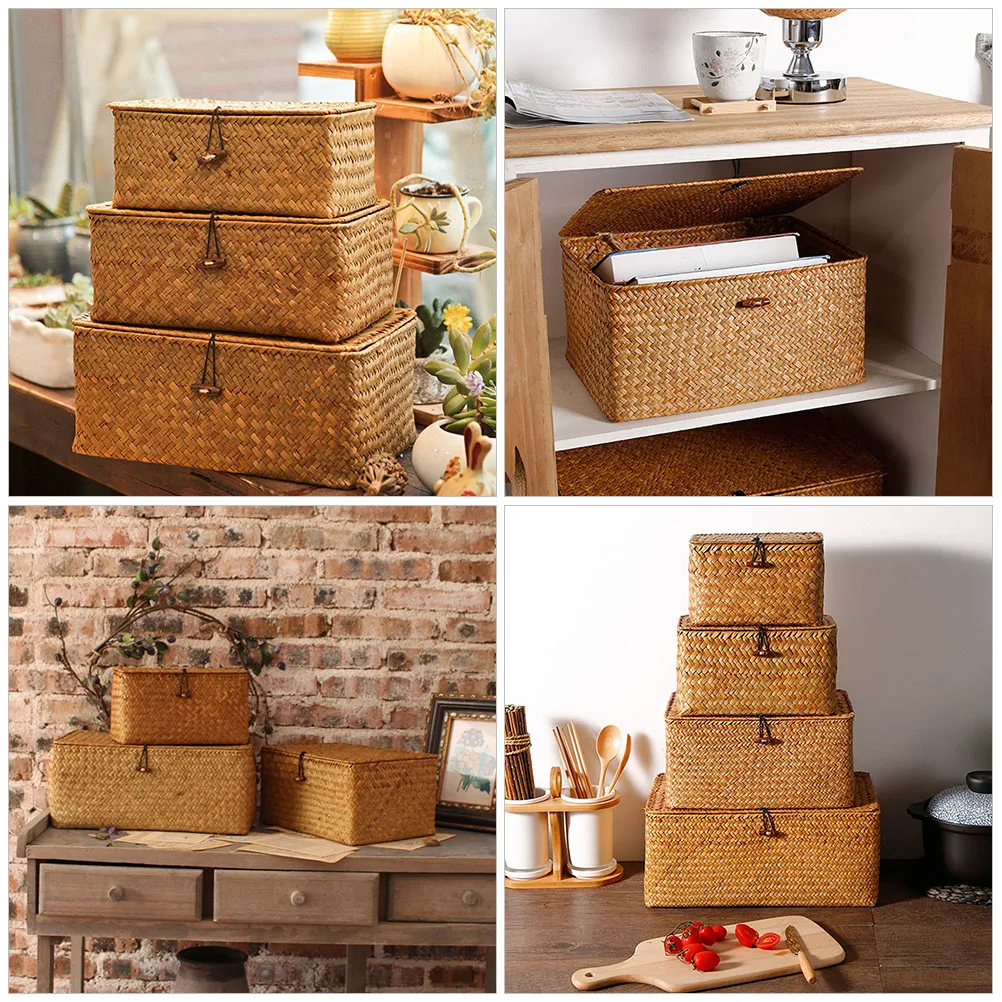 

3 Pcs Decorate Storage Box with Lid Finishing Basket Office Woven Bin Seaweed Wicker Organizer