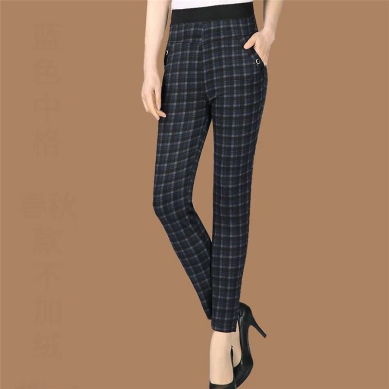 2022 Autumn Winter Plush Thick Warm Elegant High Waist Office Ladies Trousers Women Plaid Print Slim Pants Pantalones Mujer 4XL