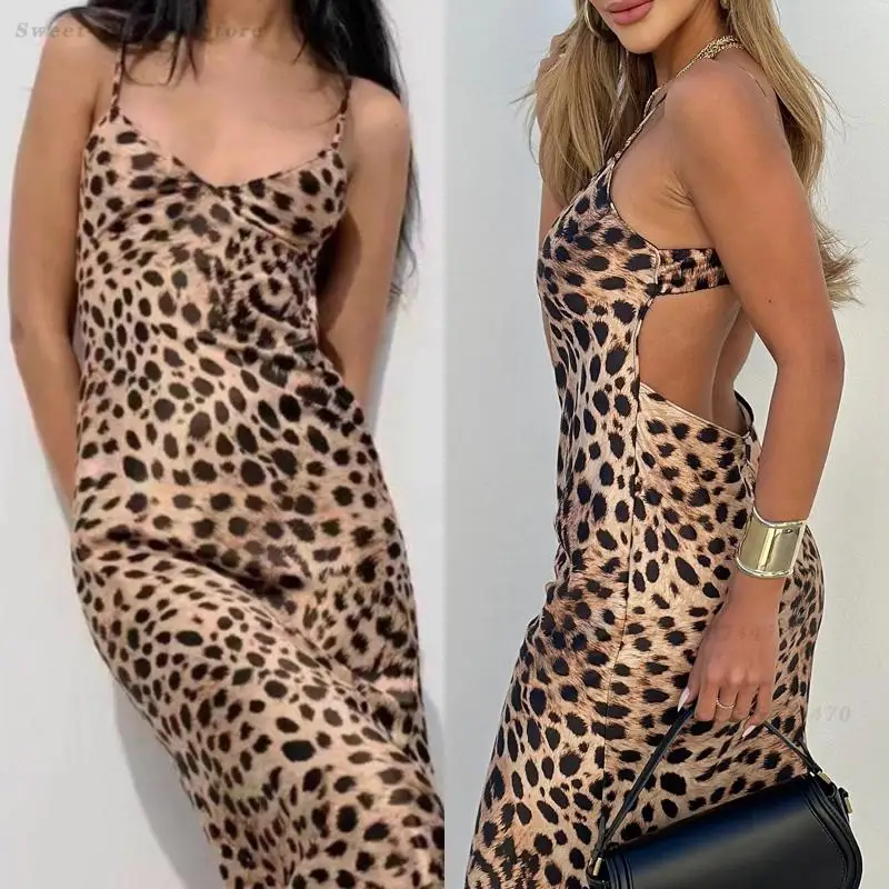 

Весенне-летняя женская ночная сорочка из шелкового атласа с леопардовым принтом, домашнее платье, сексуальная ночная сорочка на бретельках, домашняя одежда для отдыха