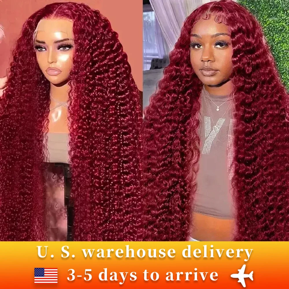 99J Burgundy Deep Wave Lace Front Wig Human Hair Red 13x4 HD Lace Frontal Wig Pre Plucked Colored Curly Human Hair Wigs on Sale