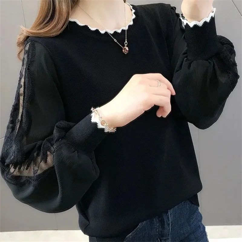 Large Size Female Fashion Chiffon Round Neck Lantern Sleeve Base Shirt Lady Korean Spring Autumn Round Neck Ruffled Bottom Shirt