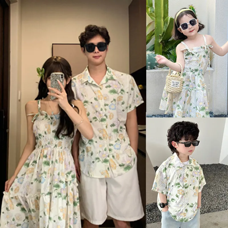 Beach Family Vacation Outfit Mom Daughter Holiday Flower Dress Dad Son Floral Shirt Parent-child Brother Sister Matching Clothes